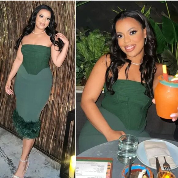 House of CB‎ Fionula Emerald Green Strapless Corset Midi Dress feather NWOT sz L - Picture 6 of 11